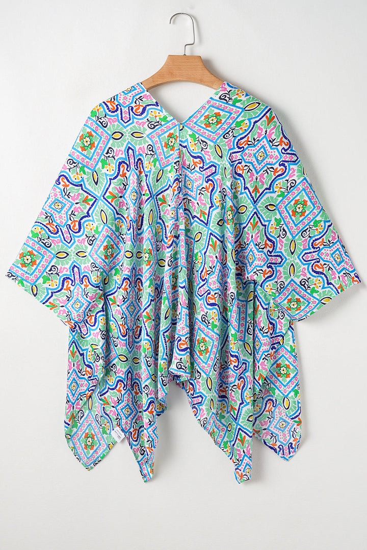 Boho Floral Printed Rhinestone 3/4 Sleeve Open Front Kimono
