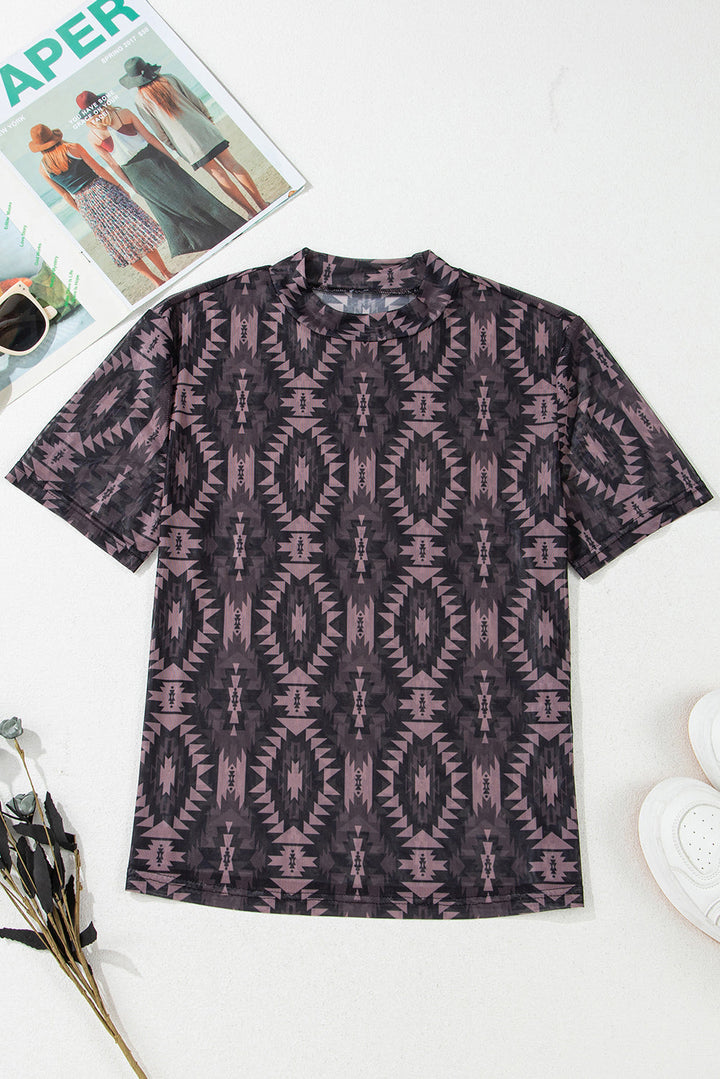 aztec print mock neck short sleeve mesh t shirt