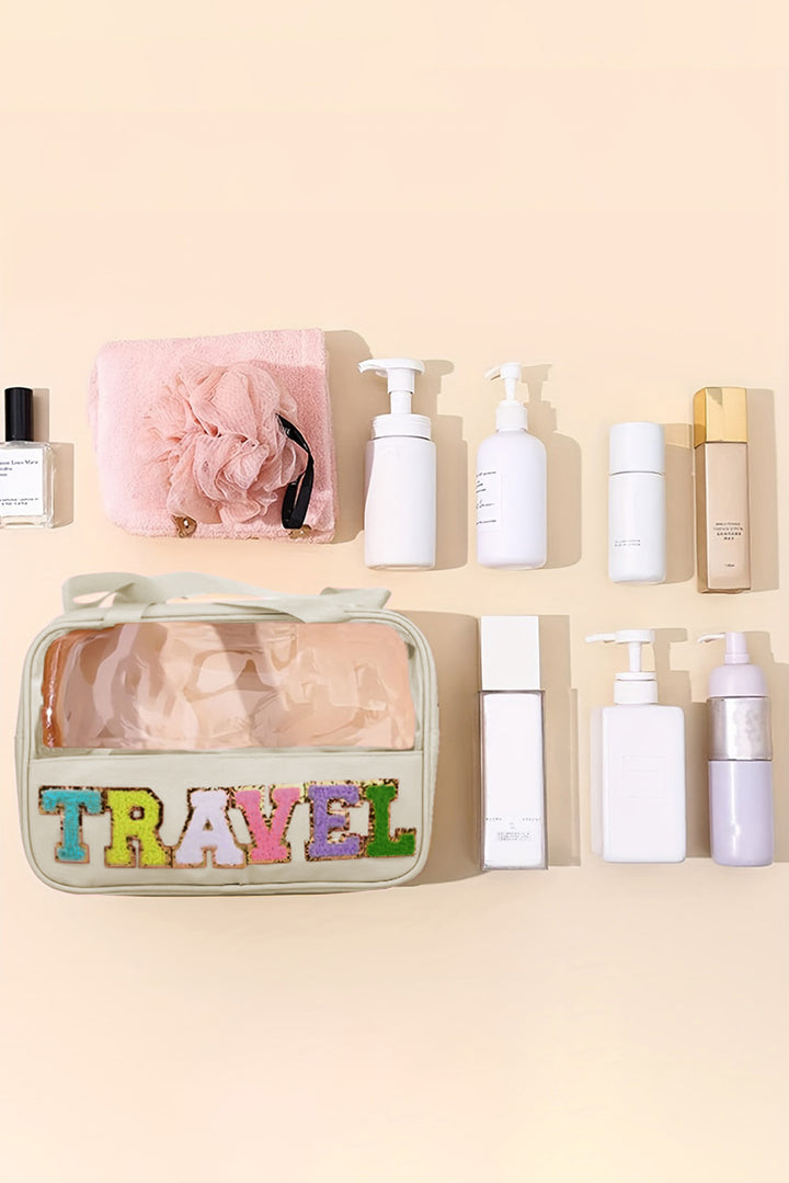 Trousse de maquillage TRAVEL en PVC transparent avec lettres en chenille