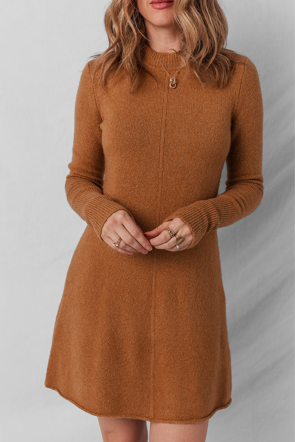 Ribbed Detail Solid Color Mini Sweater Dress