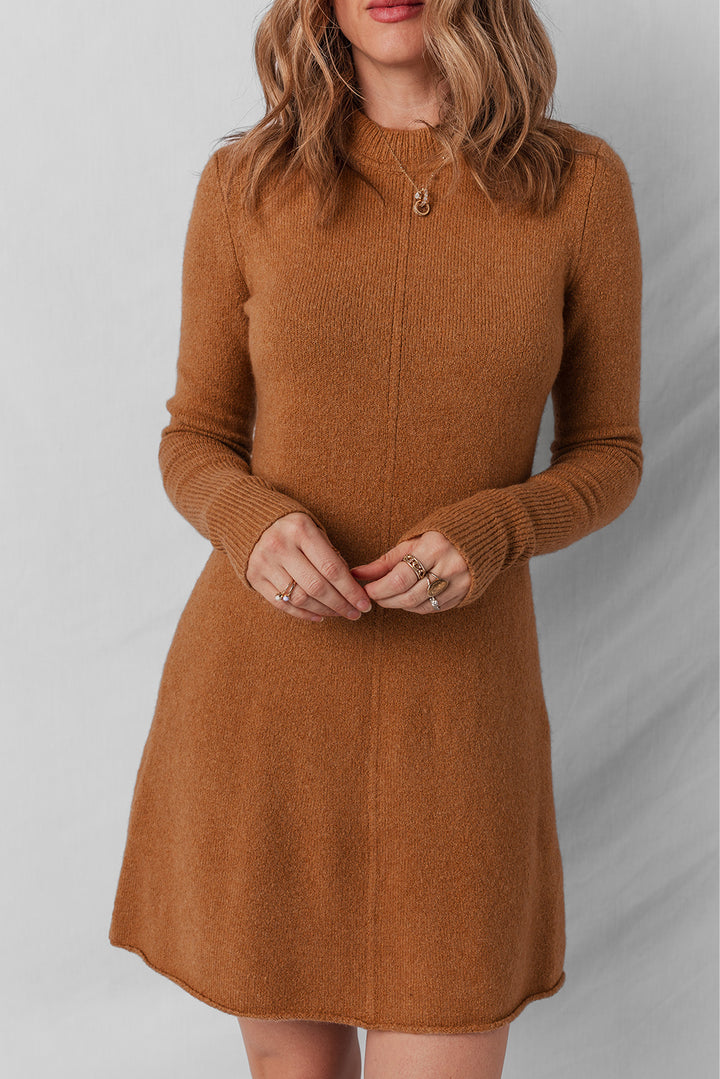 Ribbed Detail Solid Color Mini Sweater Dress