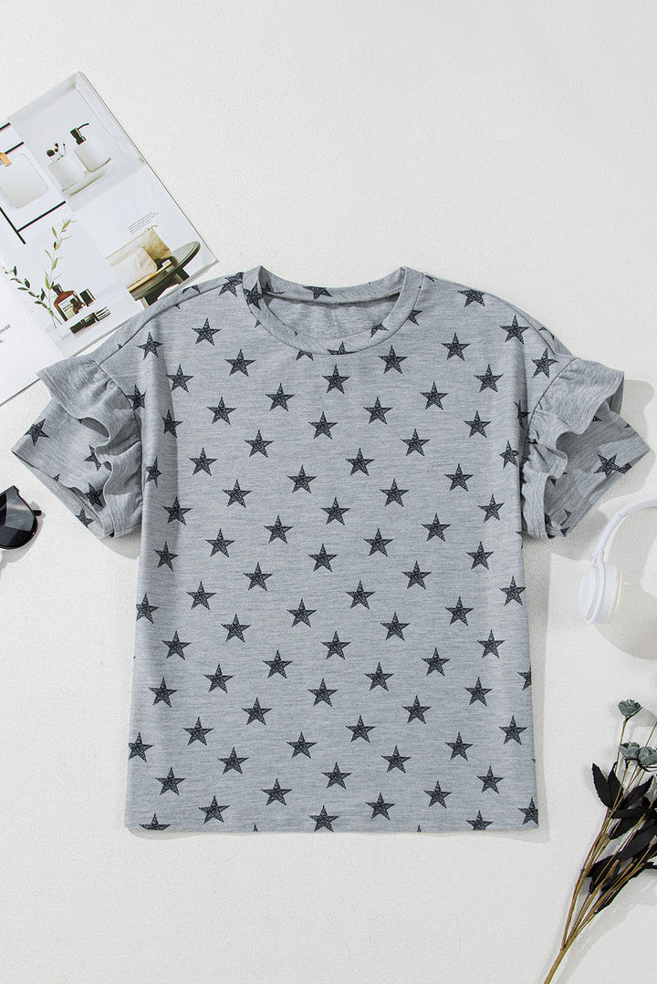 star print tiered ruffled sleeve crew neck t shirt