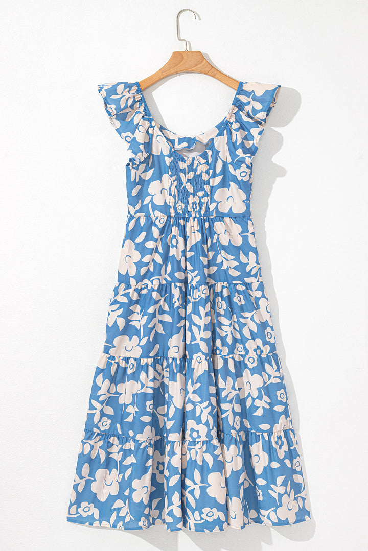 floral u neck flutter shoulder tiered flowy midi dress