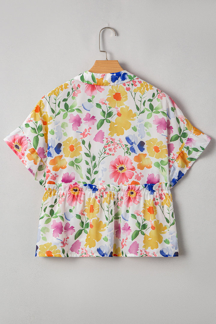 floral boxy fit ruffled short sleeve v neck blouse