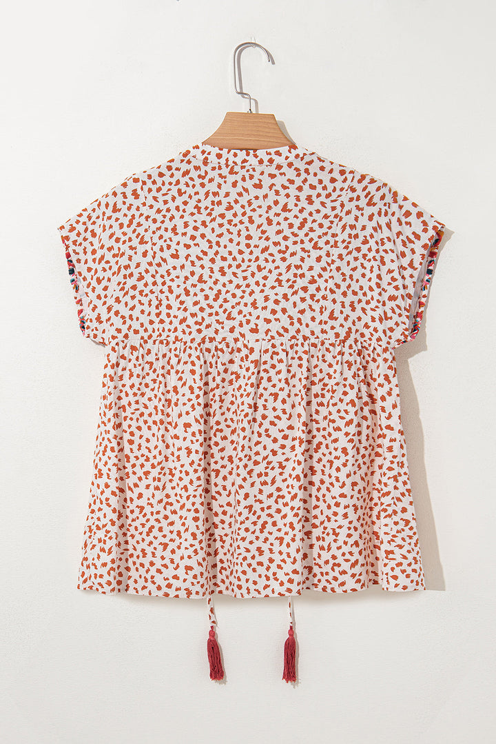 Printed Embroidery Detail Tie Split Neck Blouse