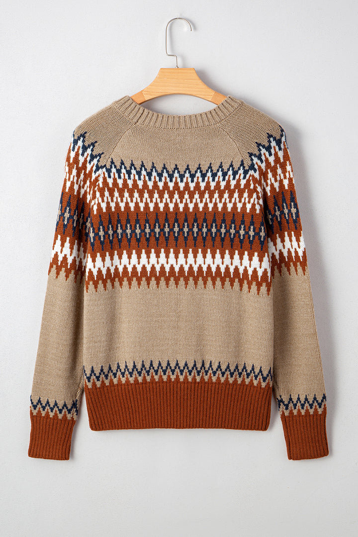 Aztec Print Colorblock Crew Neck Sweater