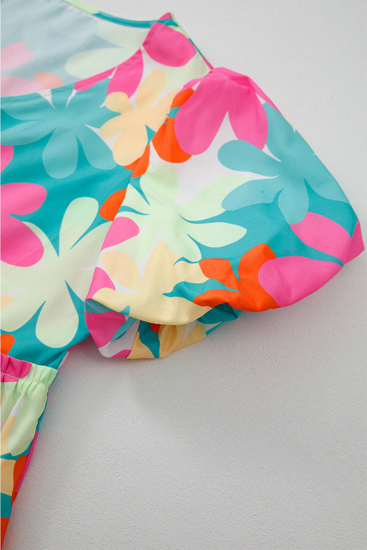 floral print bubble sleeve v neck peplum blouse