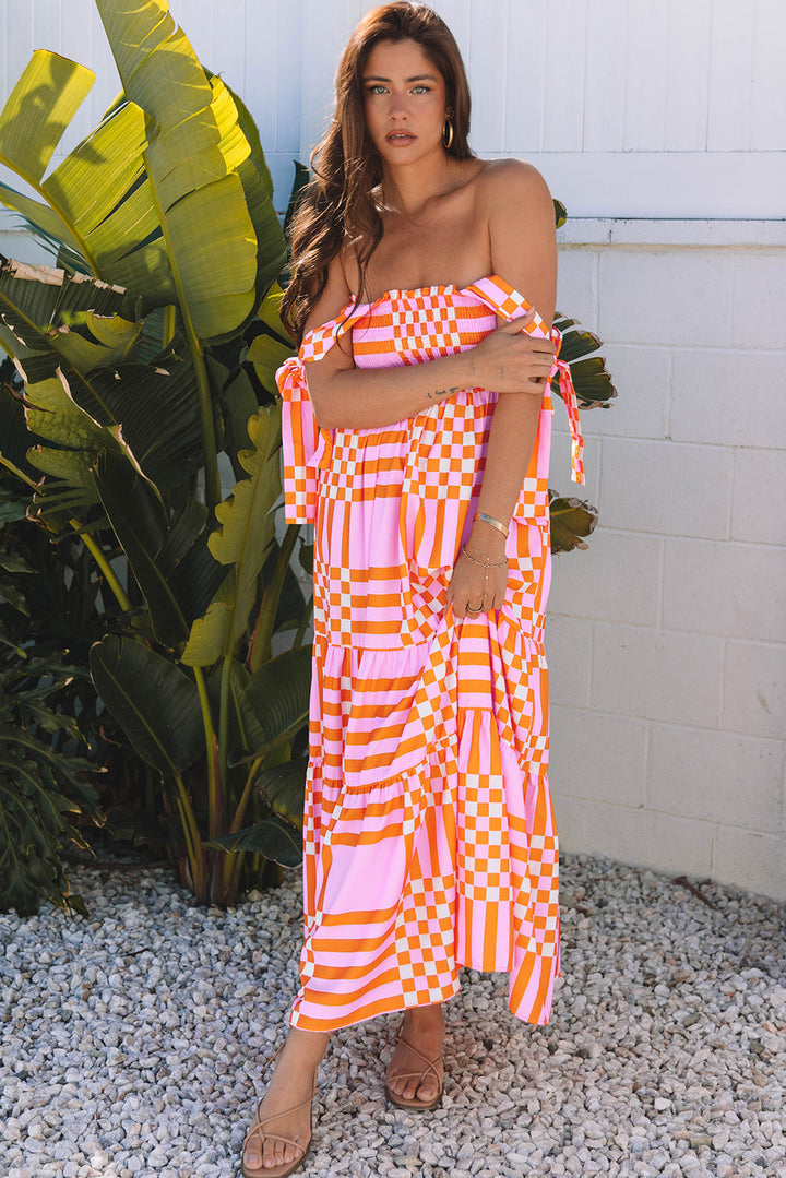 Boho Gingham Tied Straps Smocked Maxi Dress