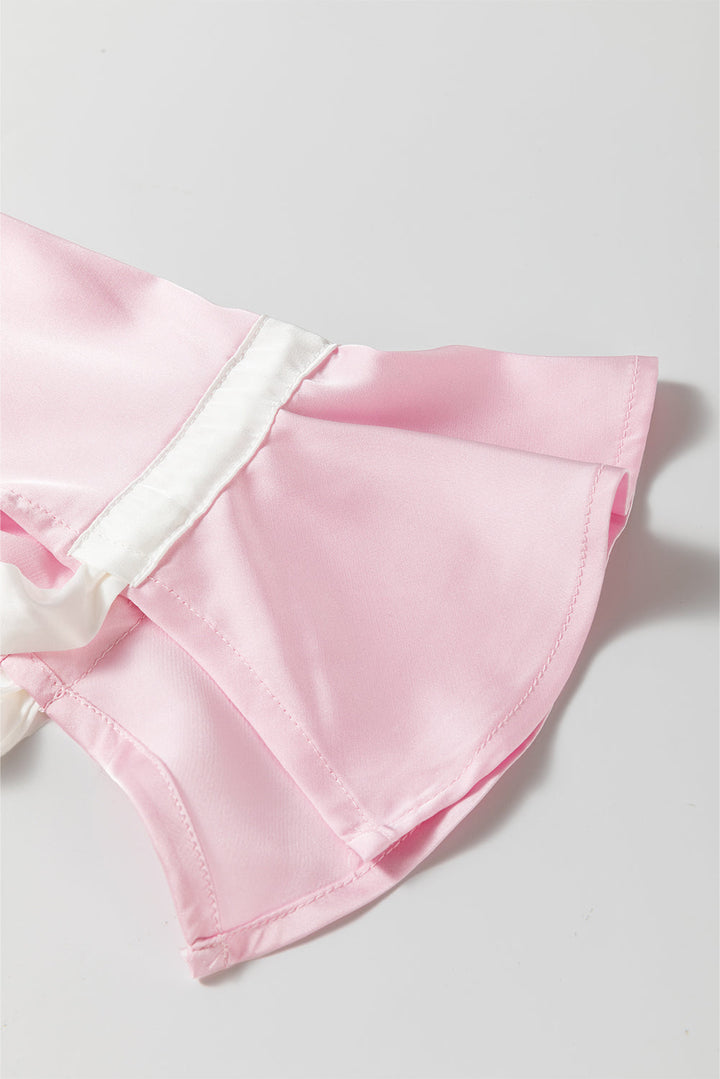 satin knot accent shirt and ruffled pants lounge set