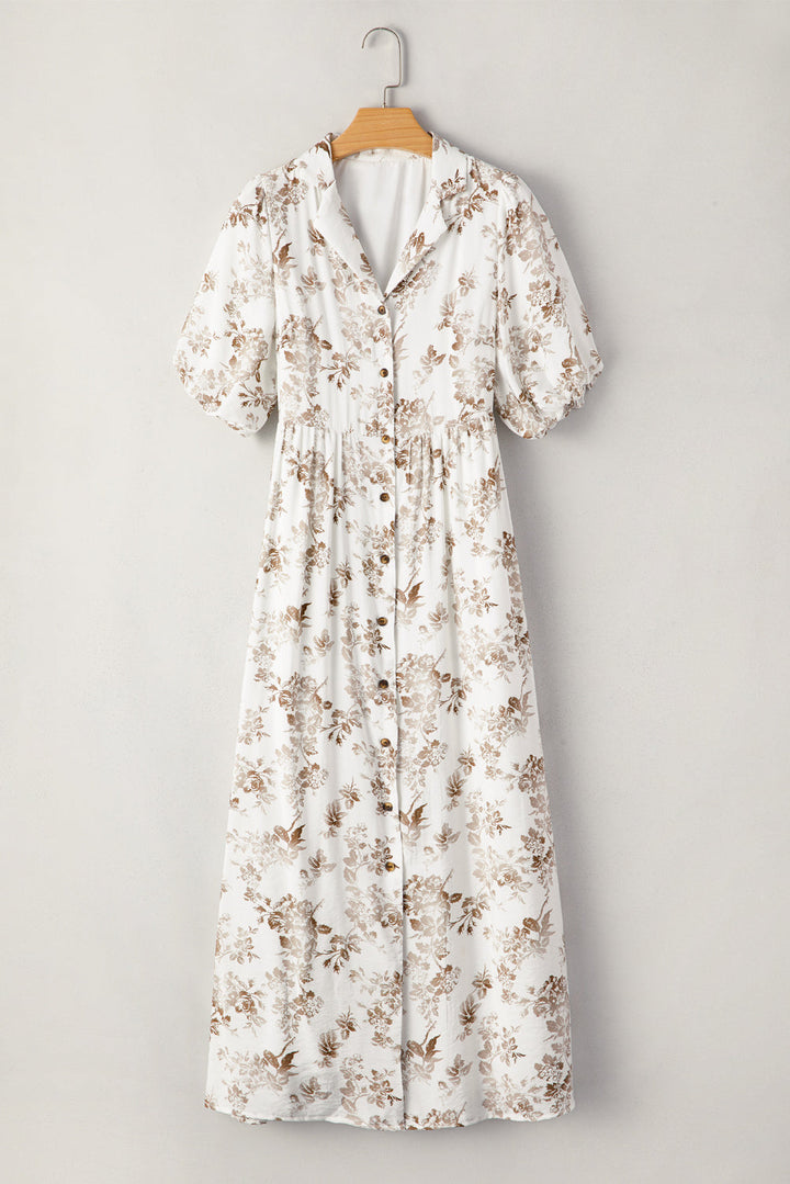 floral puff sleeve v neck buttoned front maxi dress