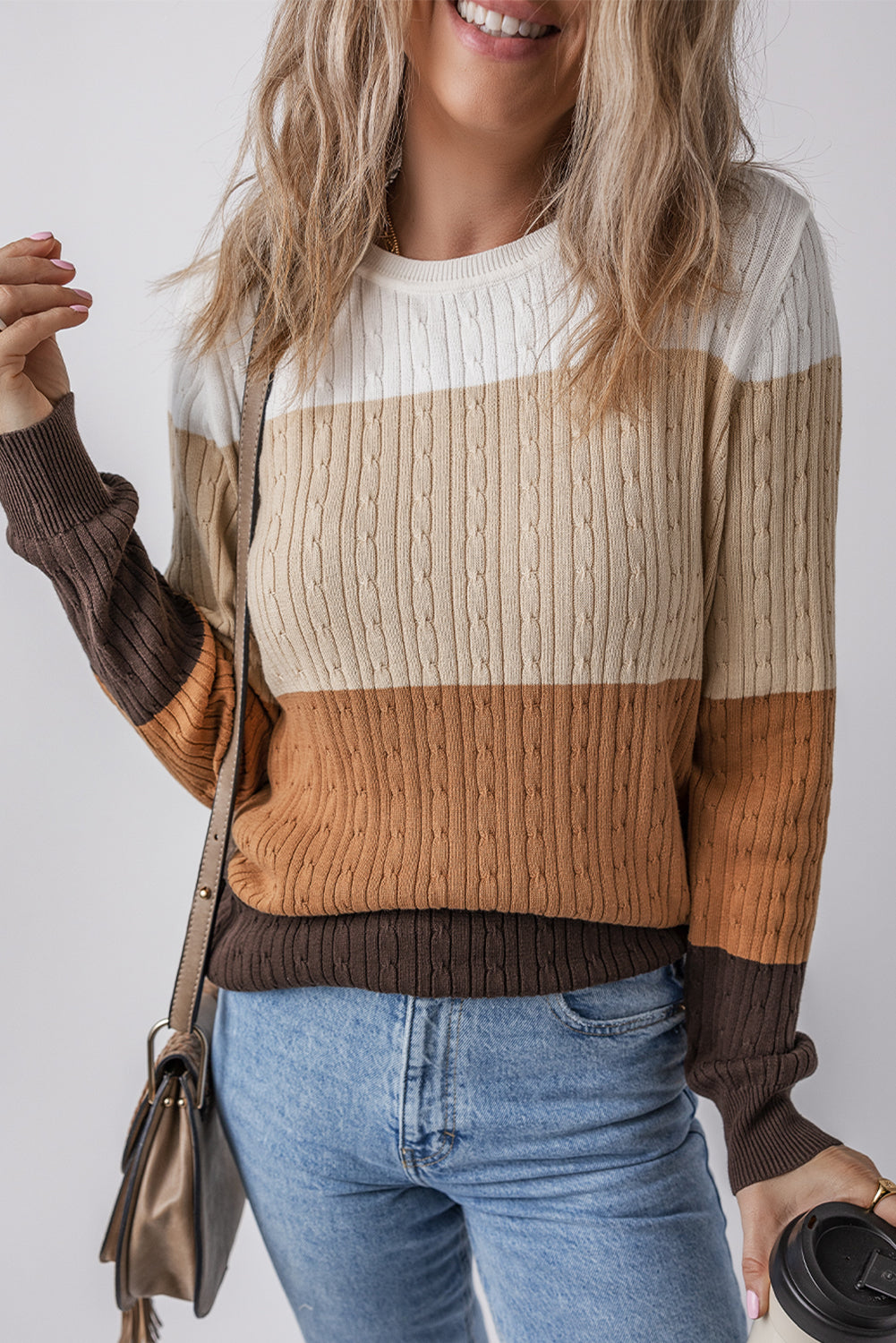 Colorblock Cable Knit Round Neck Sweater