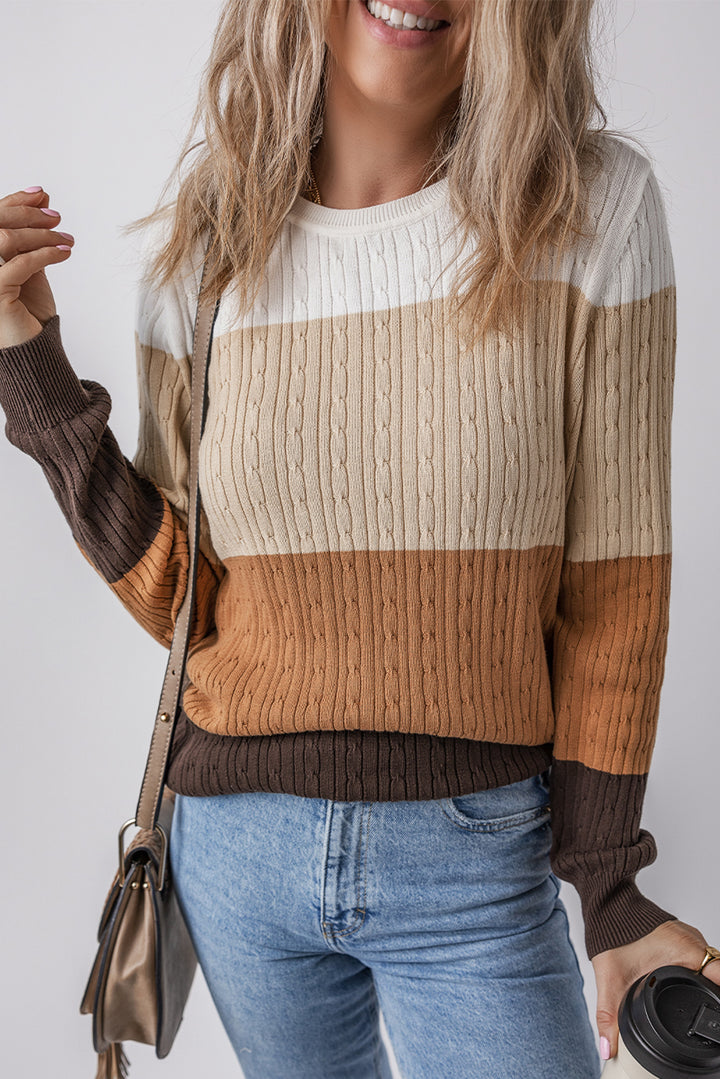 Colorblock Cable Knit Round Neck Sweater
