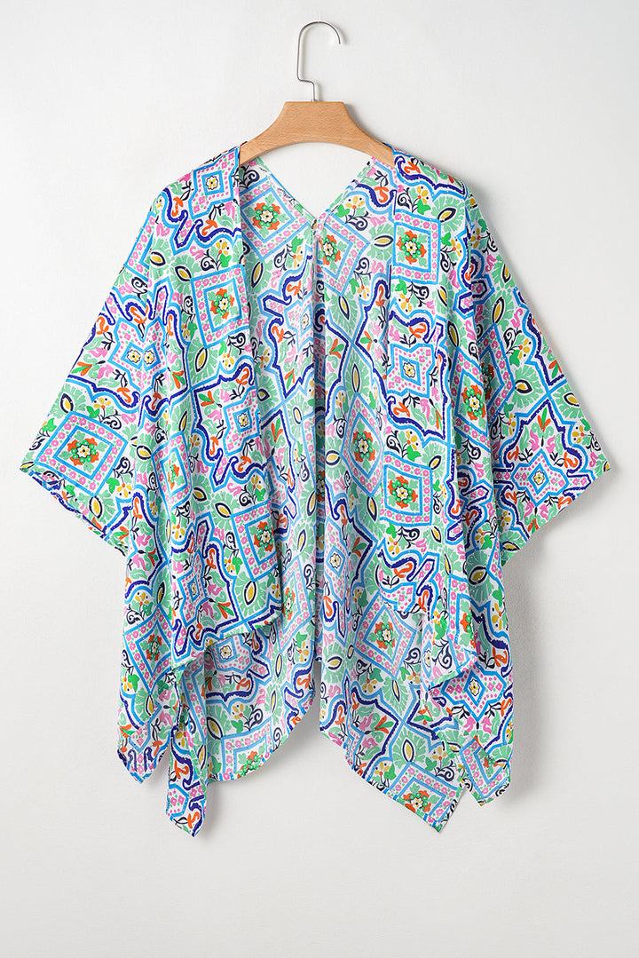 Boho Floral Printed Rhinestone 3/4 Sleeve Open Front Kimono