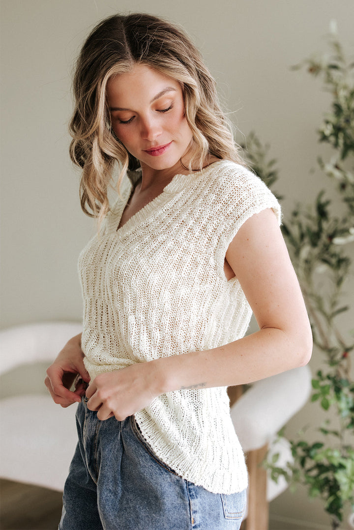 Notched V Neck Short Sleeve Sweater