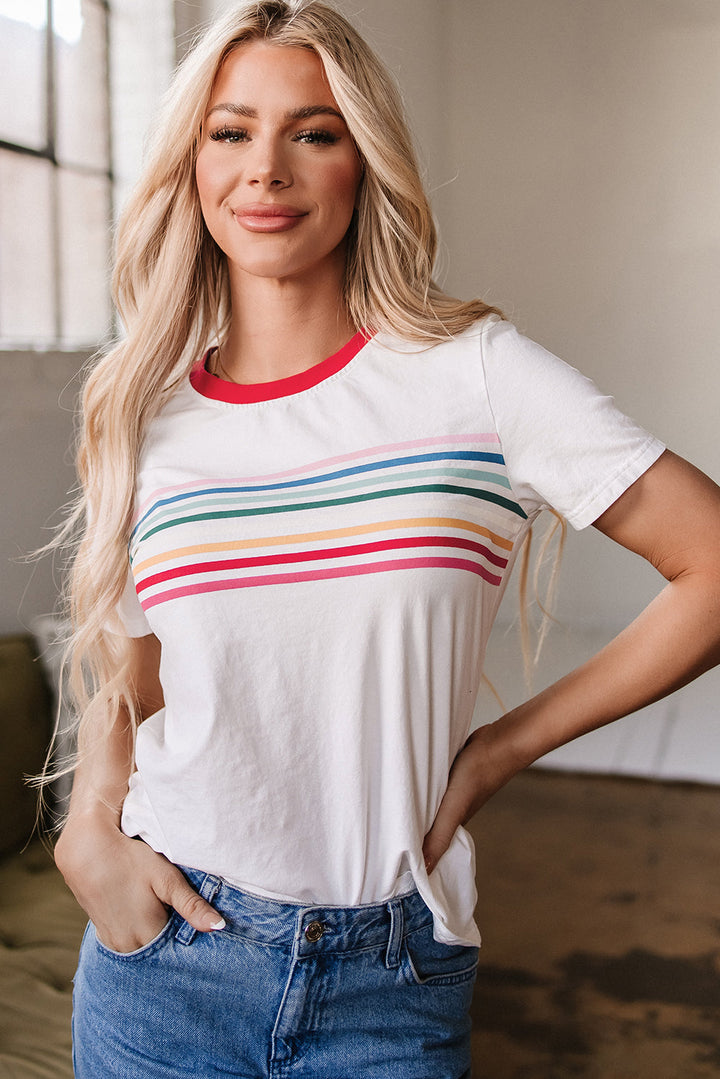 Rainbow Stripe Print Contrast Crewneck T Shirt