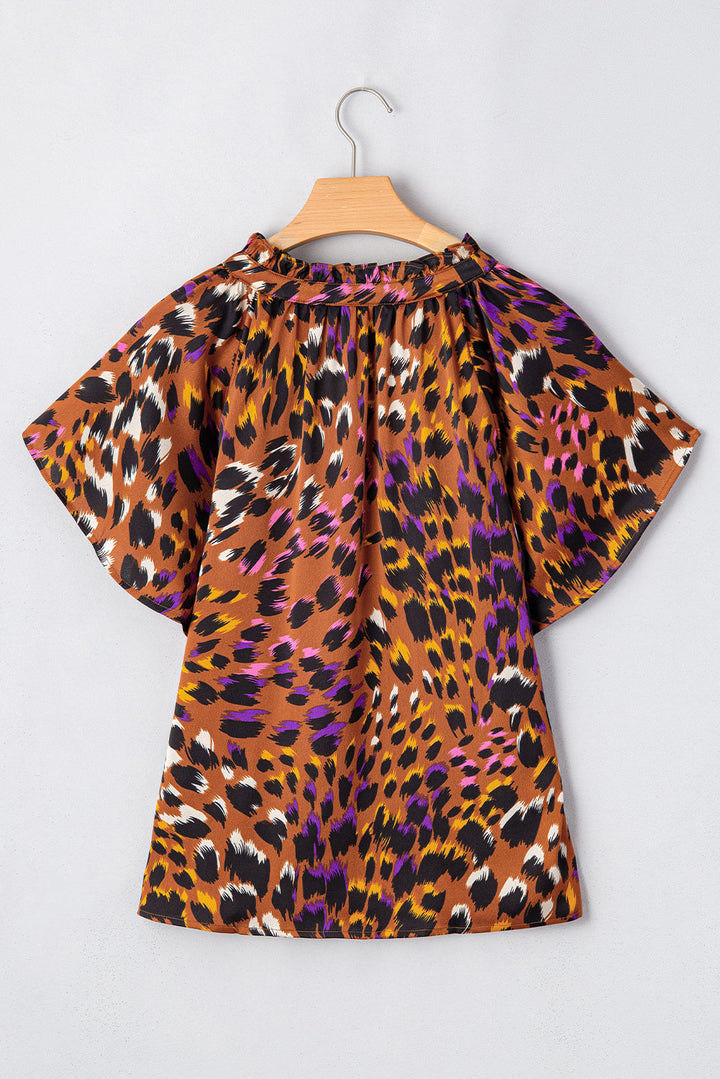Leopard Printed Draped Short Sleeve Slit V Neck Blouse