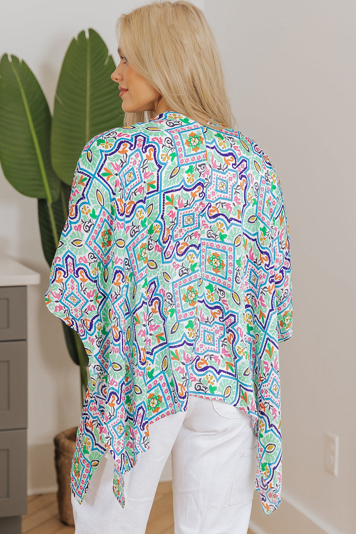 Boho Floral Printed Rhinestone 3/4 Sleeve Open Front Kimono