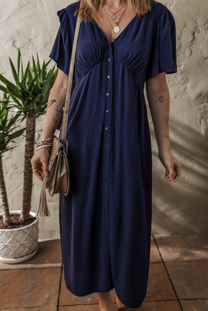 v neck buttoned front shirred back short sleeve midi dress