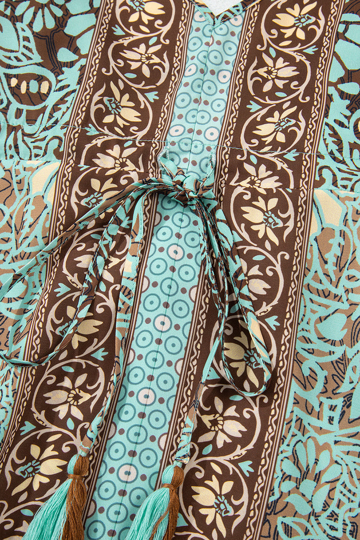 Floral Print V Neck Ruffled Trim Backless Tassel Waist Maxi Dress