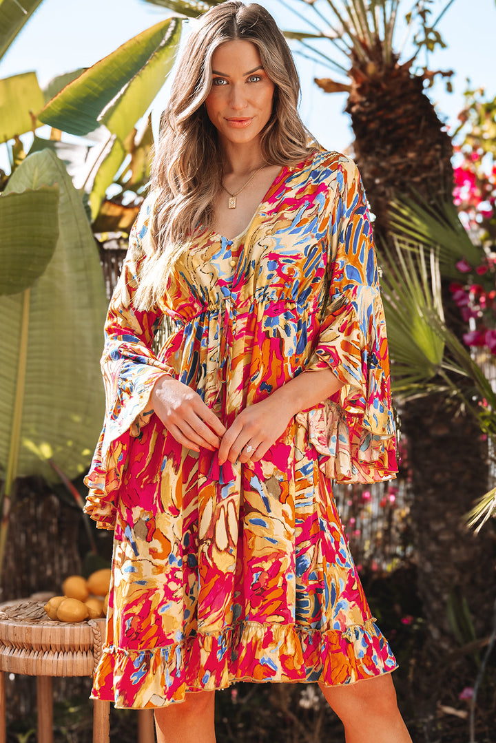 Plant Print Flared Sleeve Ruffled Hem Tunic High Waist Flowy Dress