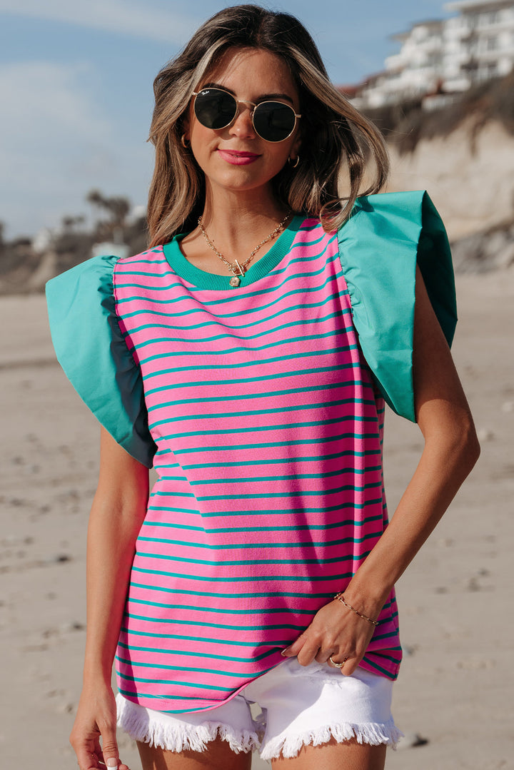 Colorblock Ruffled Sleeve Crew Neck Blouse