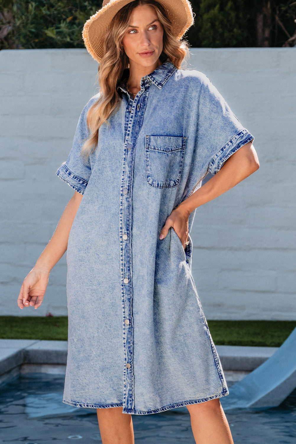Loose Medium Wash Short Sleeve Shirt Chambray Dress – ModeShe