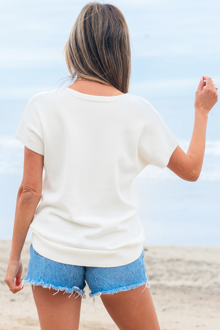 bow pattern knit short sleeve sweater