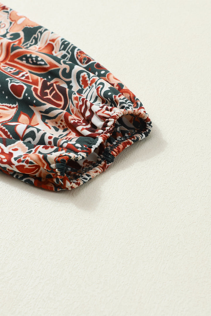 Geometric Print Long Sleeve Surplice Flowy Dress