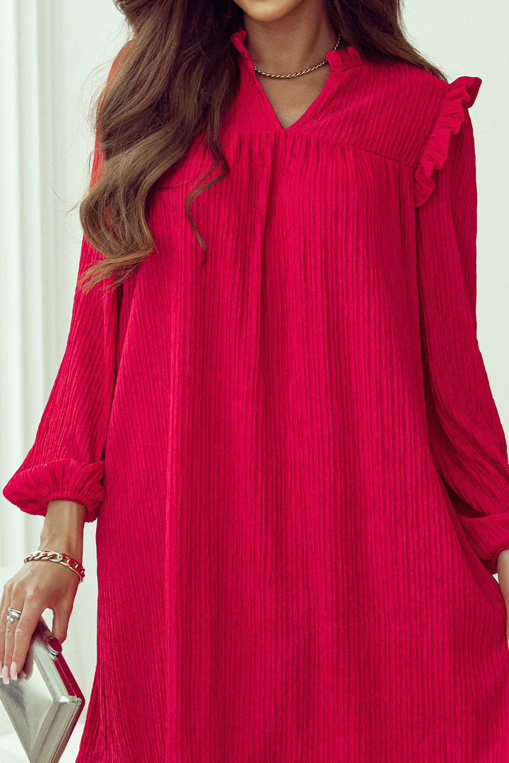 Textured Ruffled Trim V Neck Loose Fit Mini Dress