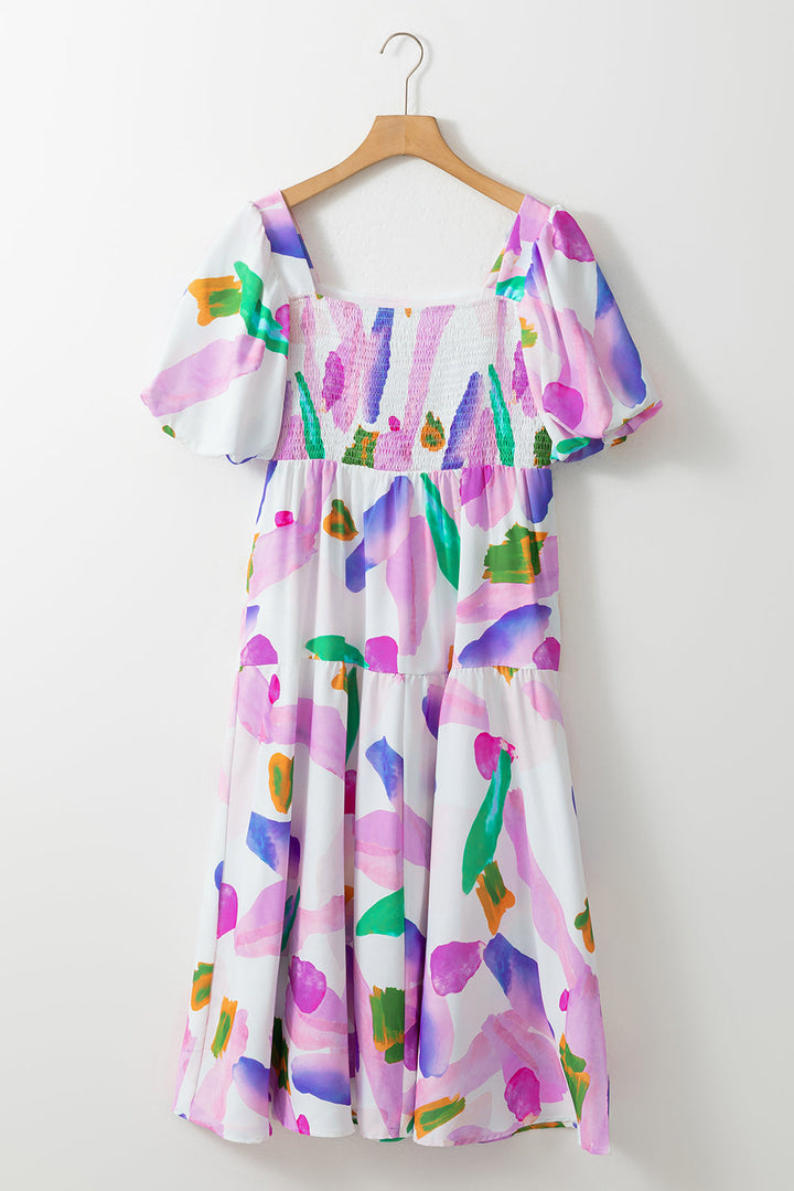 Abstract Print Puff Sleeve Smocked Back Midi Dress