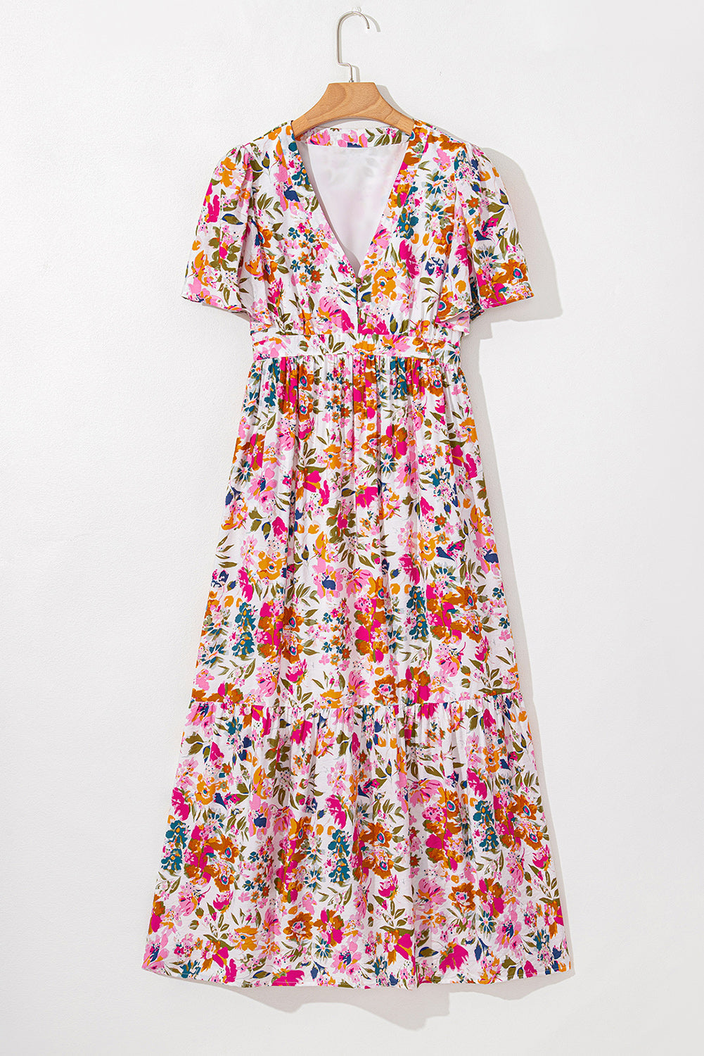 Floral Short Sleeve V Neck High Waist Maxi Dress