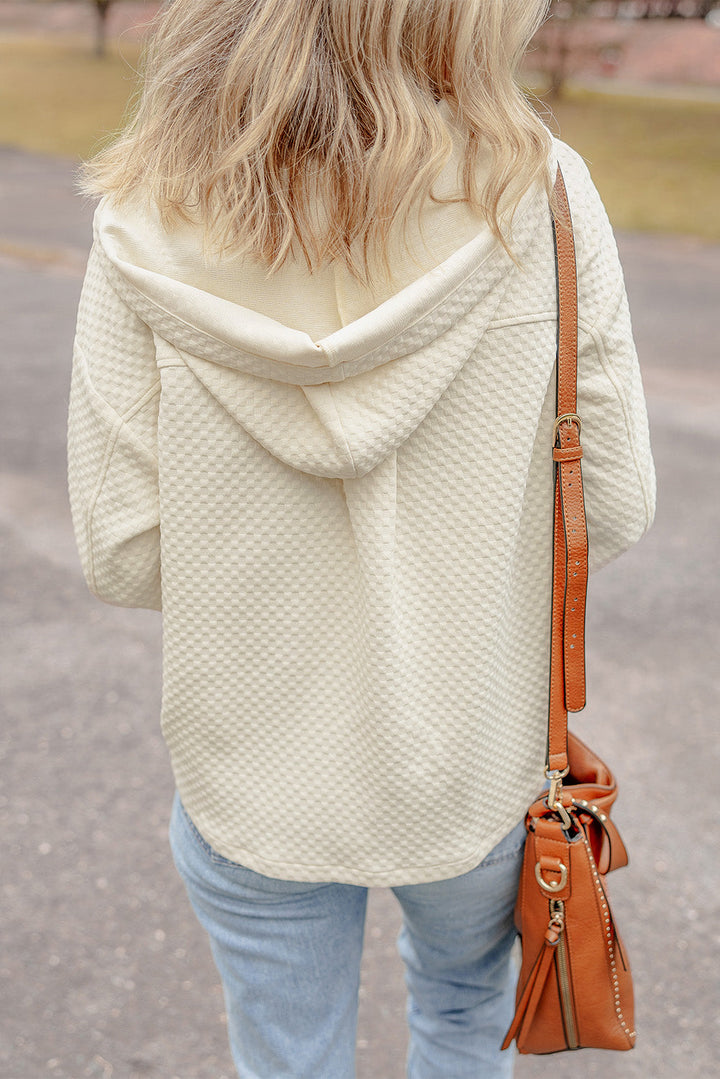 Textured Buttoned Neckline Side Pockets Hoodie