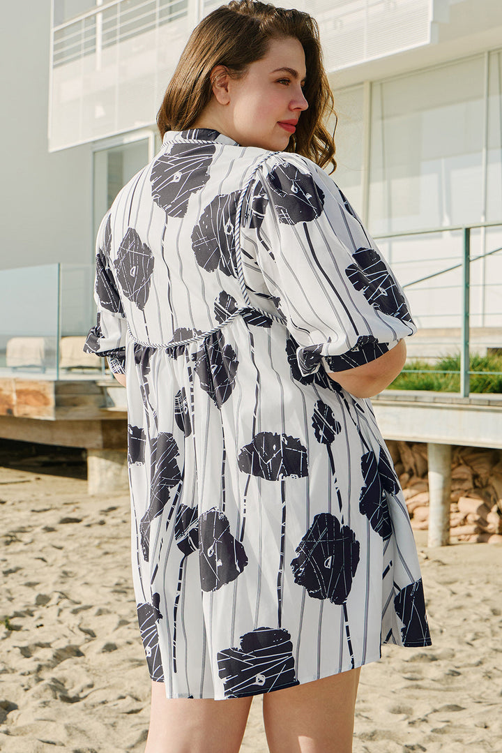 Plus Size Floral 3/4 Puff Sleeve Lace-up Neck Mini Dress