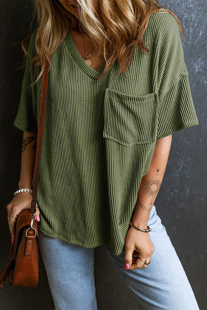 corded v neck chest pocket loose t shirt