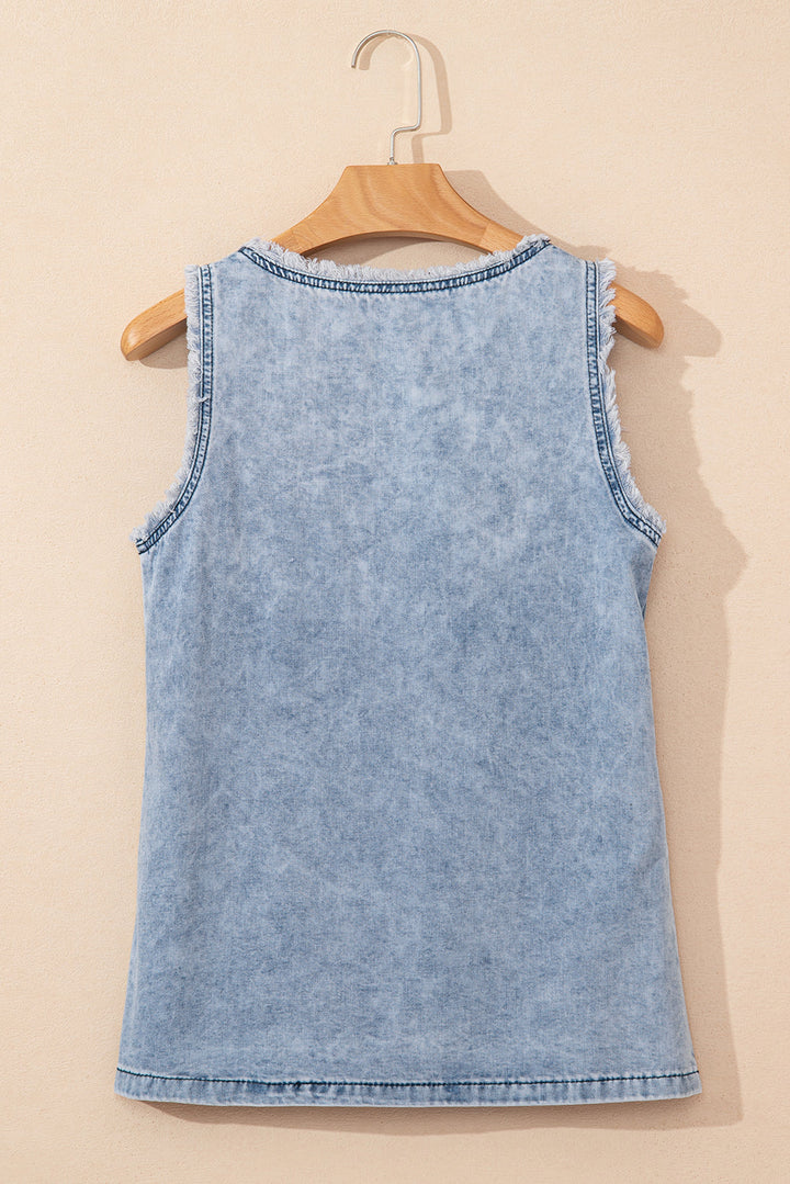 mineral wash denim frayed u neck sleeveless top