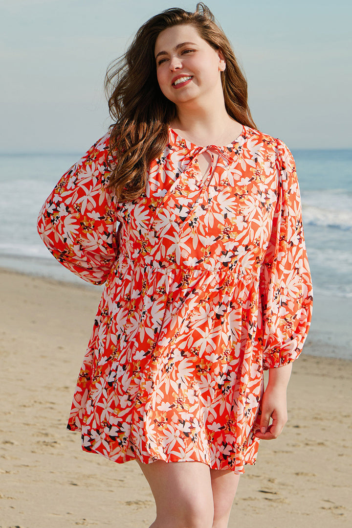 Floral Print Split V Neck Bubble Sleeve Plus Size Midi Dress