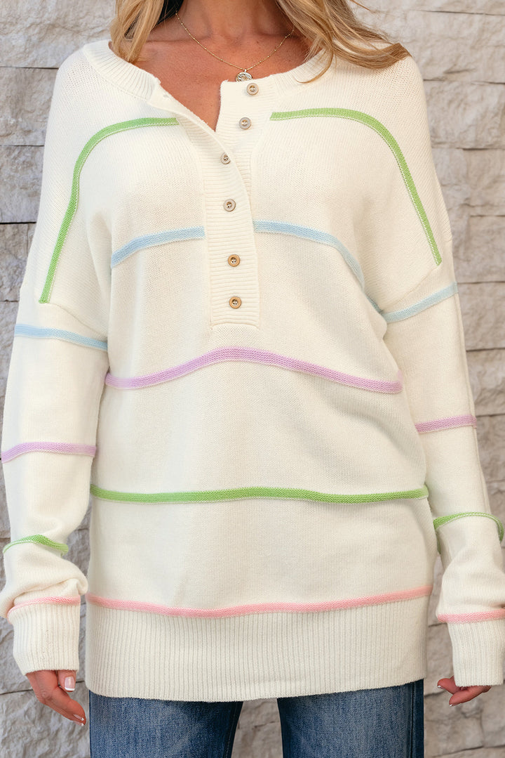 Rainbow Stripes Drop Shoulder Baggy Henley Sweater
