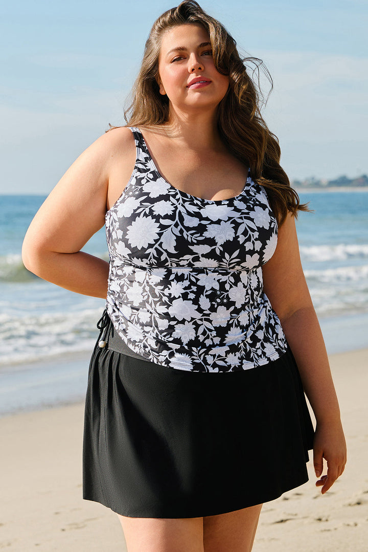 Plus Size Printed Square Neck Drawstring Ruffled Tankini Set