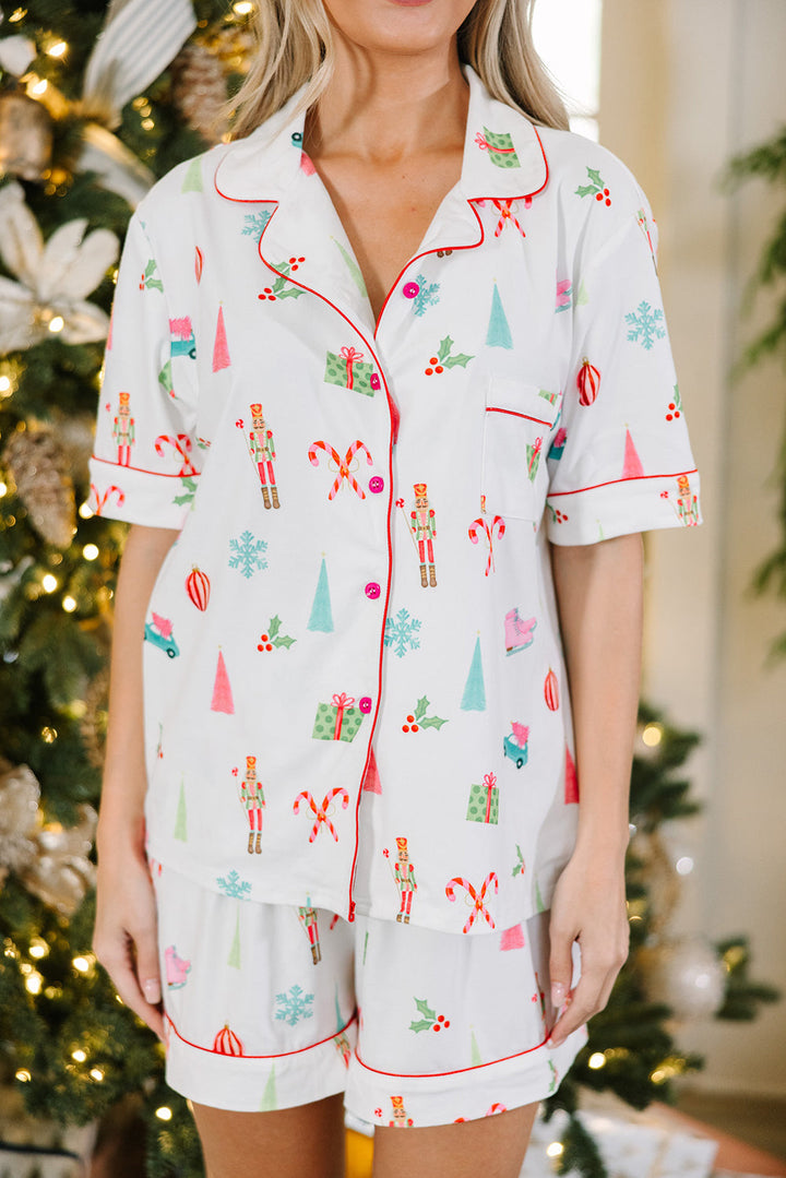 christmas print short sleeve shirt and shorts pajama set