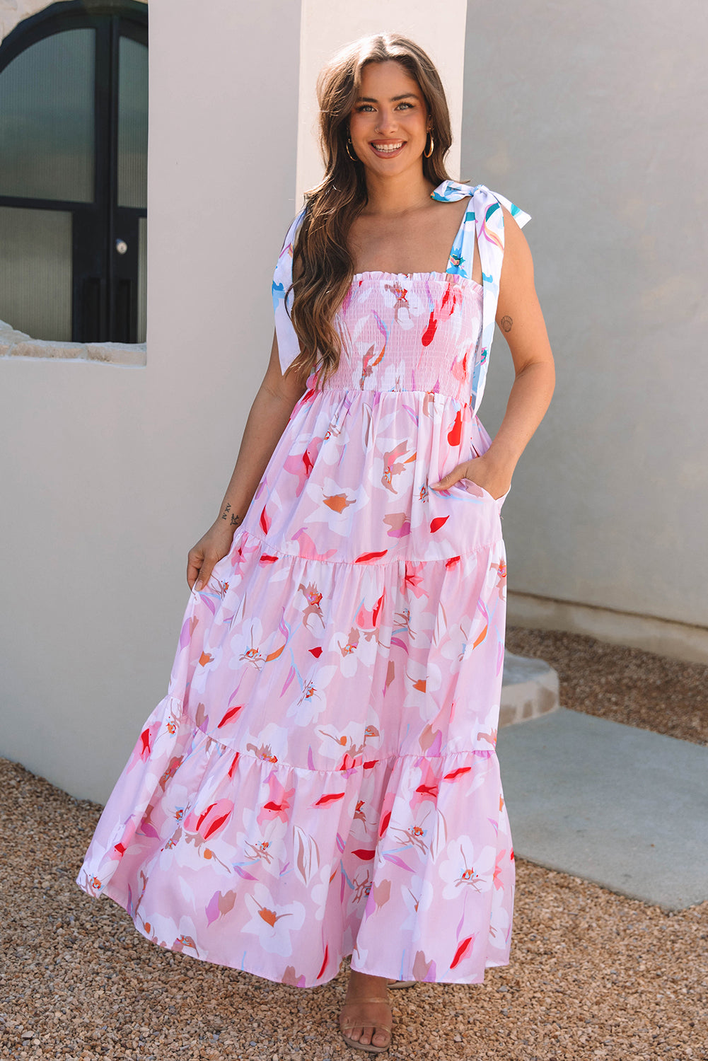 Floral Print Knotted Shoulder Smocked Maxi Dress