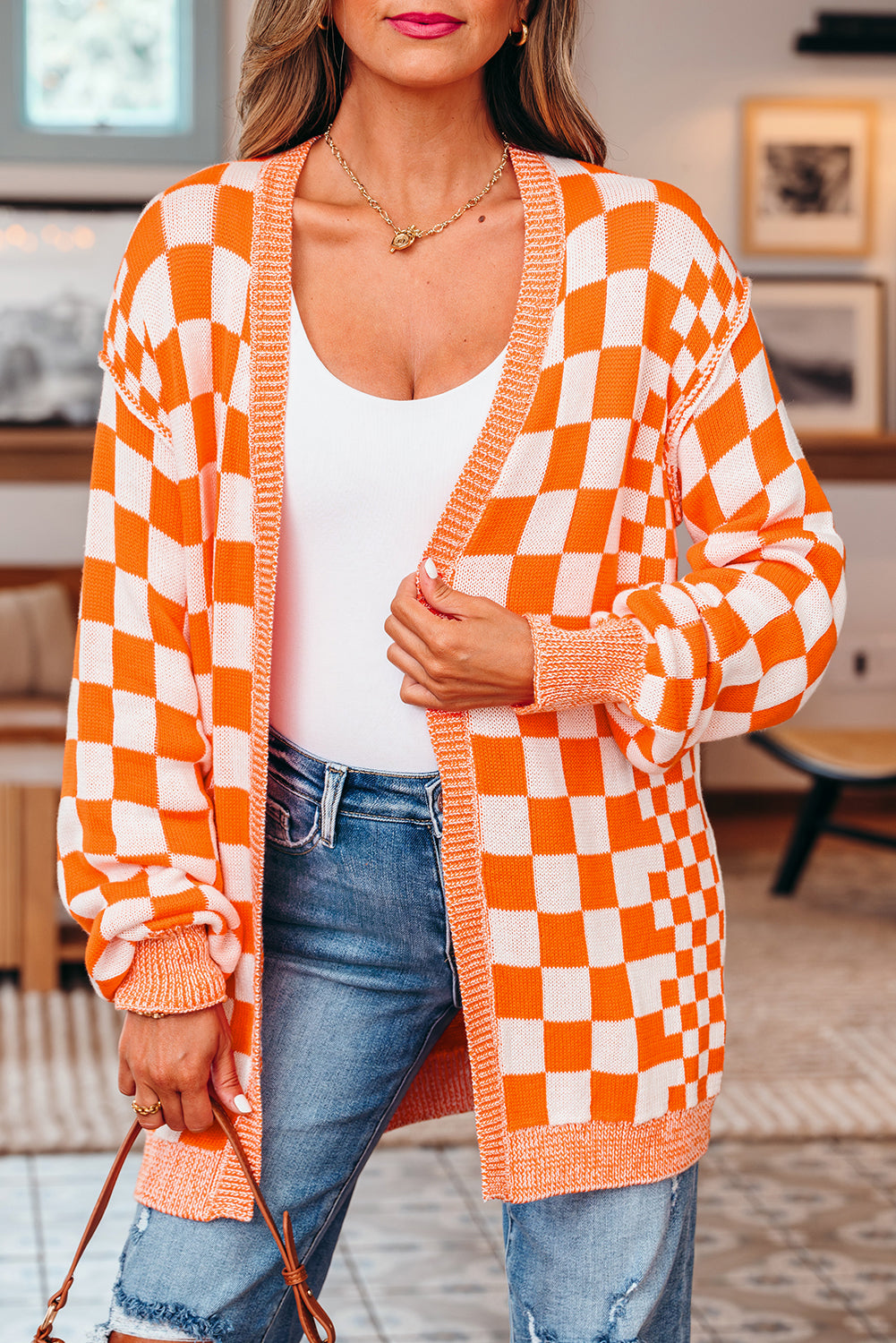 Checkered Open Front Drop Shoulder Cardigan