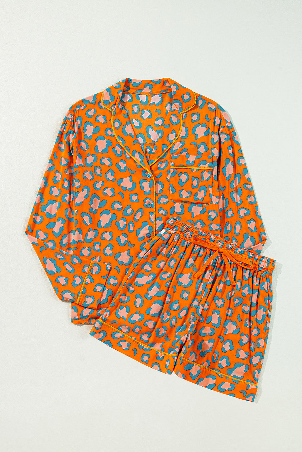 leopard print long sleeve shirt and shorts pajama set 1