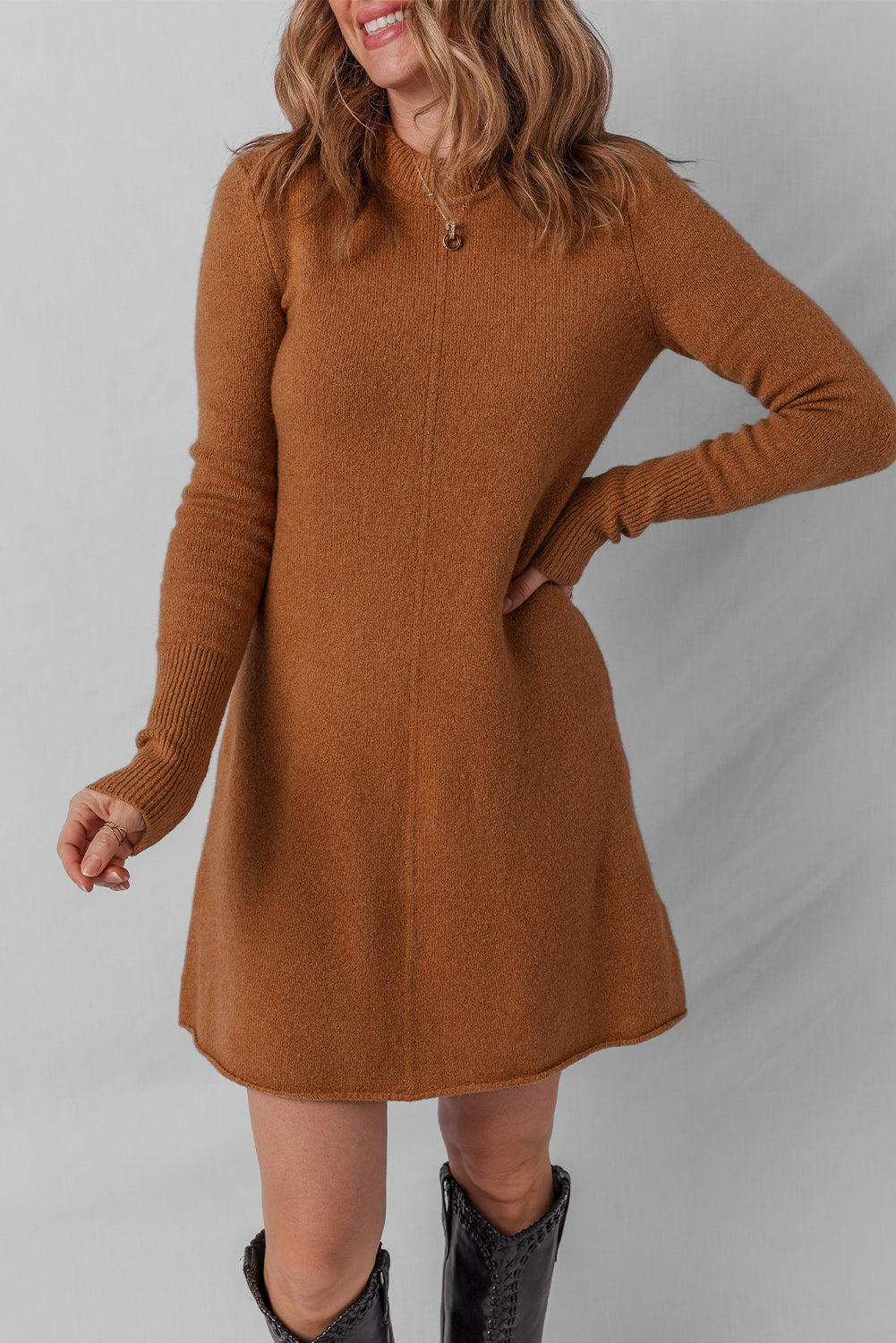Ribbed Detail Solid Color Mini Sweater Dress