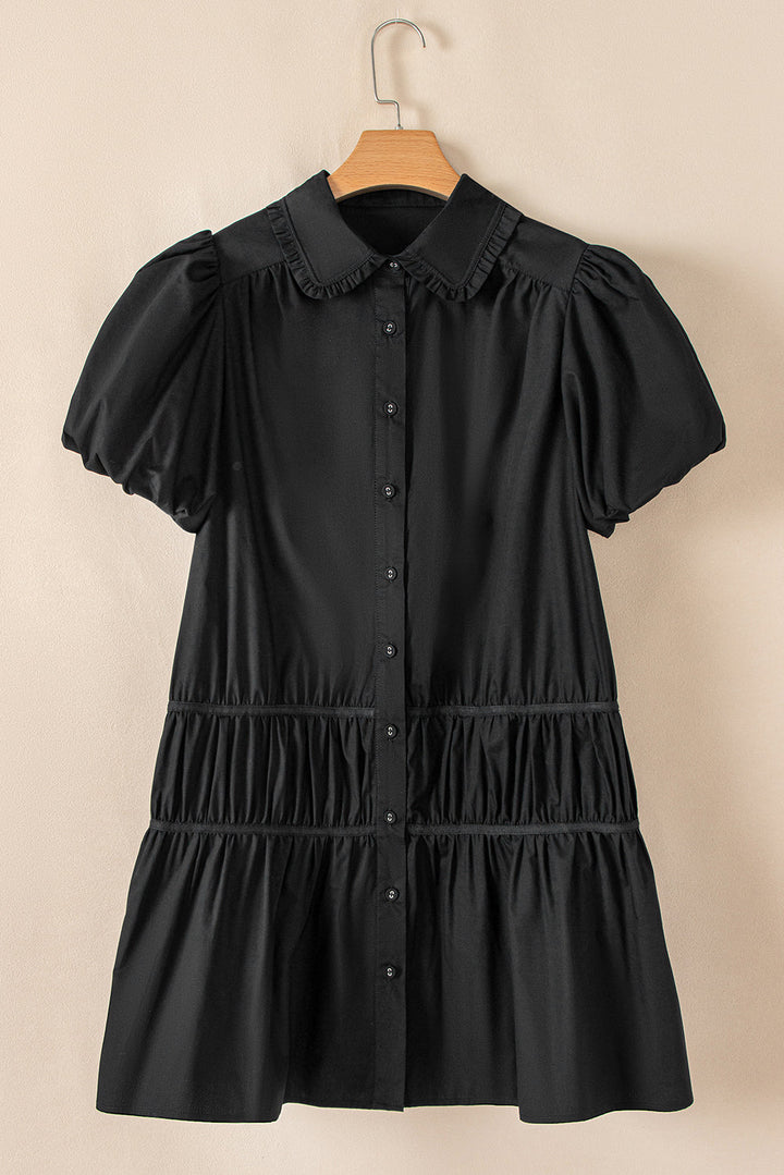 Shirt Style Button Down Puff Sleeve Ruffle Hem Dress