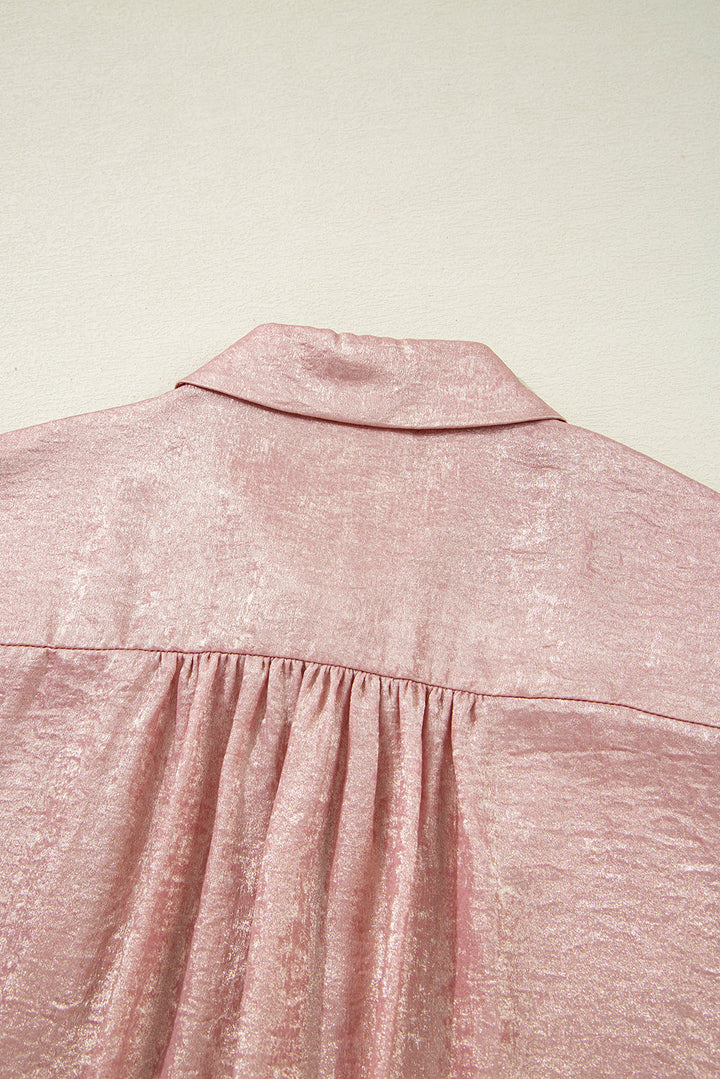 Metallic Buttoned Loose Fit Short Sleeve Shirt