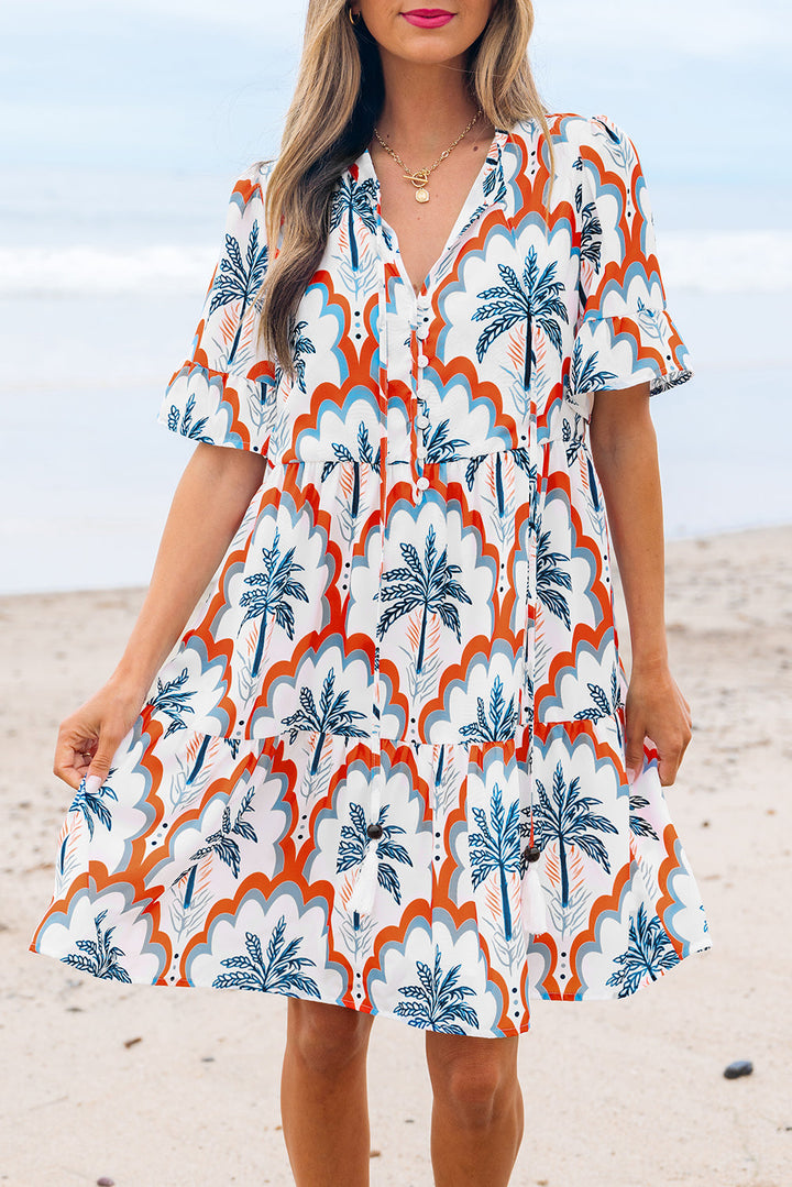 contrast palm tree printed short sleeve flowy dress