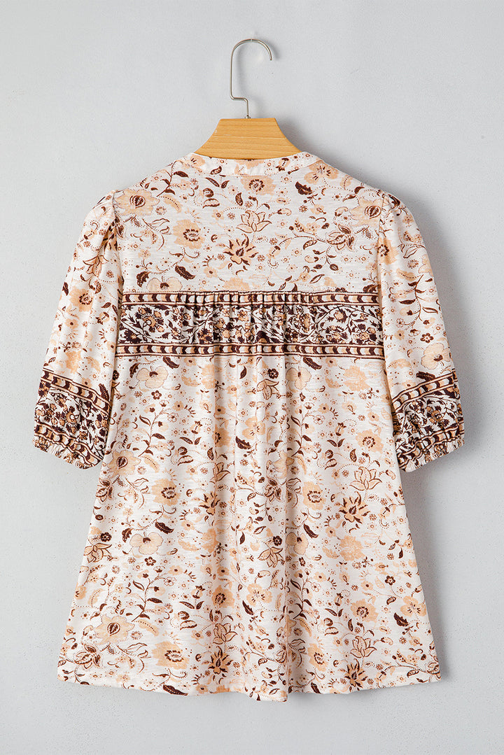 boho floral print half placket short sleeve loose blouse