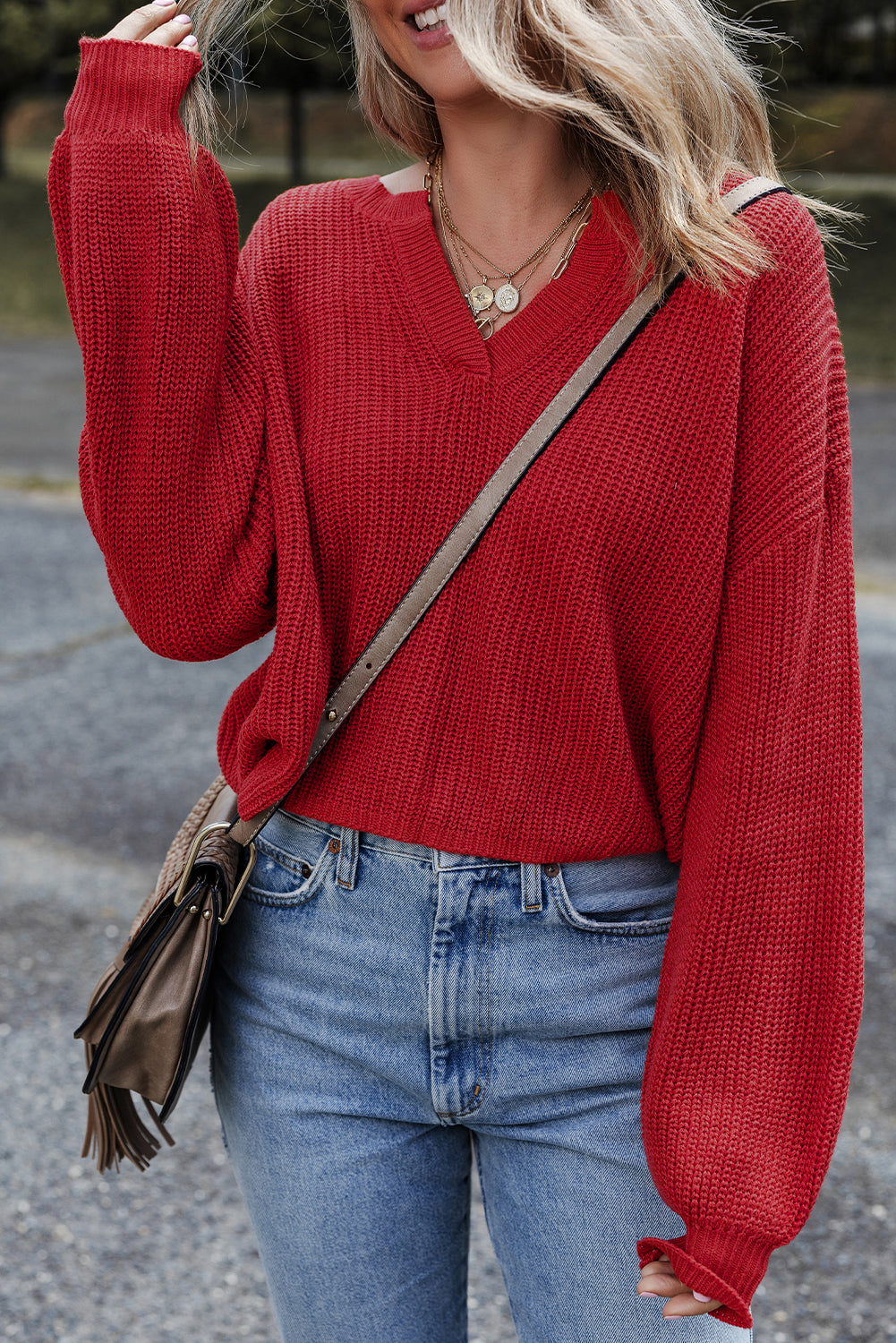 Solid Textured Knit V Neck Drop Shoulder Sweater