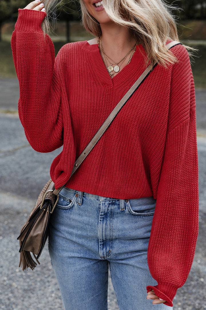 Solid Textured Knit V Neck Drop Shoulder Sweater