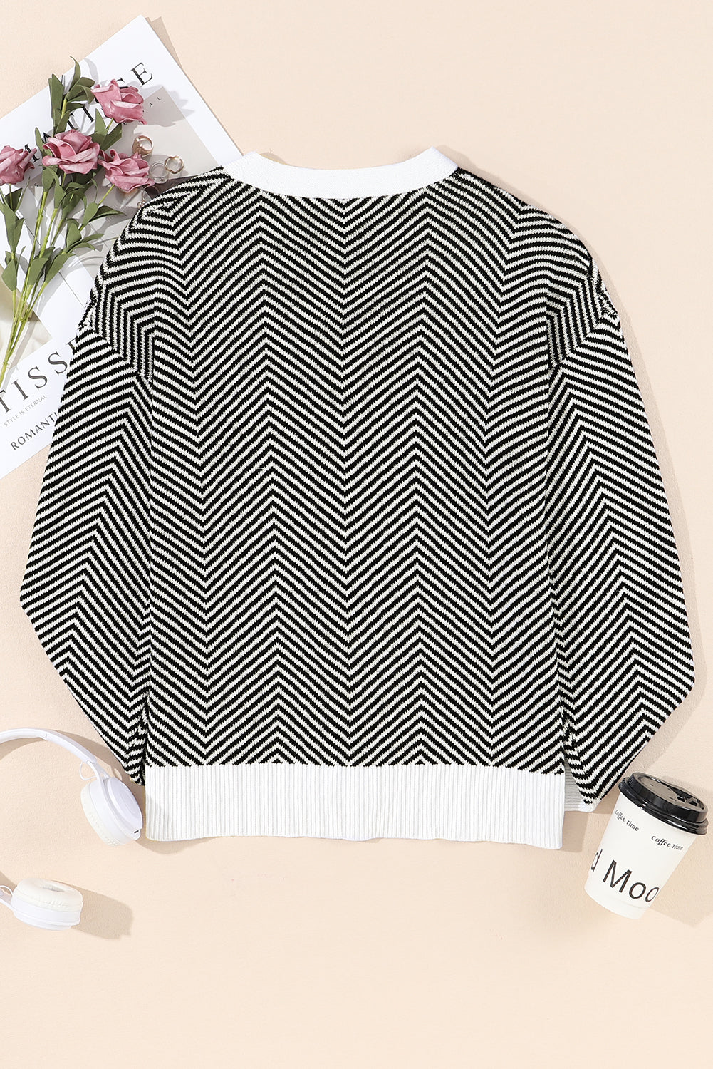 Buttoned Front V Neck Herringbone Cardigan